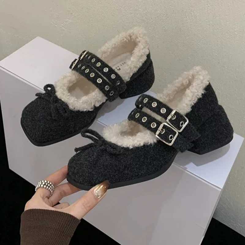 الفراء القوس عالية الكعب المرأة ماري جين أحذية مصمم مكتنزة الجلد المدبوغ أحذية 20226 جديد شتاء دافئ أحذية قطنية مضخات Mujer Zapatos