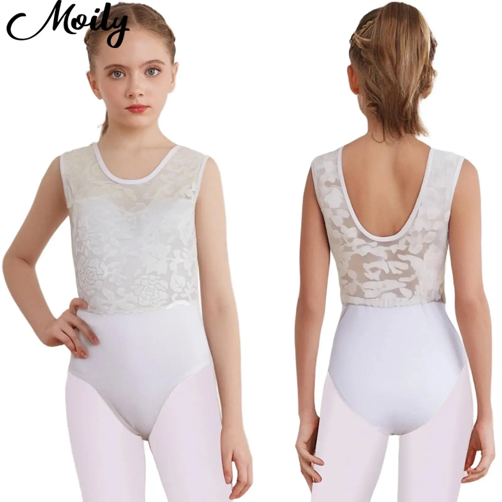 

Kids Girls Gymnastics Ballet Jersey Figure Ice Skating Dance Costumes Mock Neck U-Back Sleeveless Velvet Printed Mesh Leotards