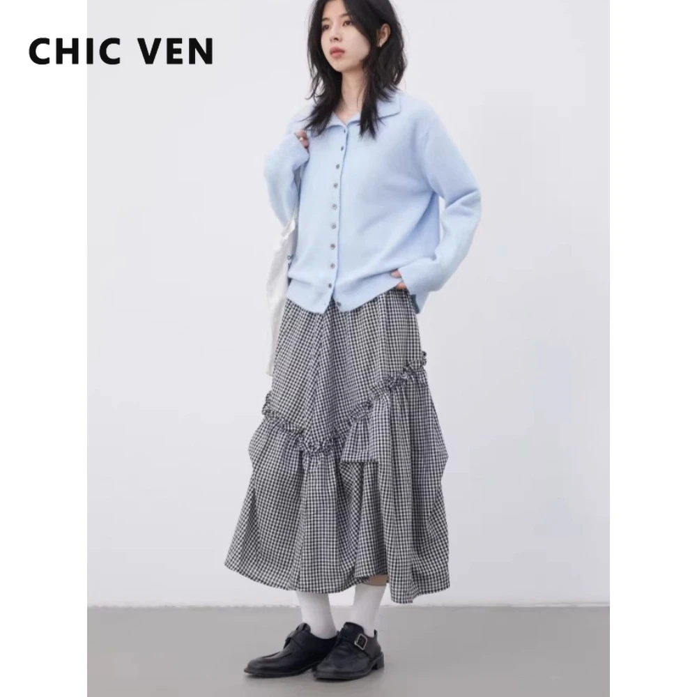 

CHIC VEN New Korean Women Skirt High Waisted A-line Ruffled Edge Design Plaid Ladies Skirt Spring Summer 2026 Clothing
