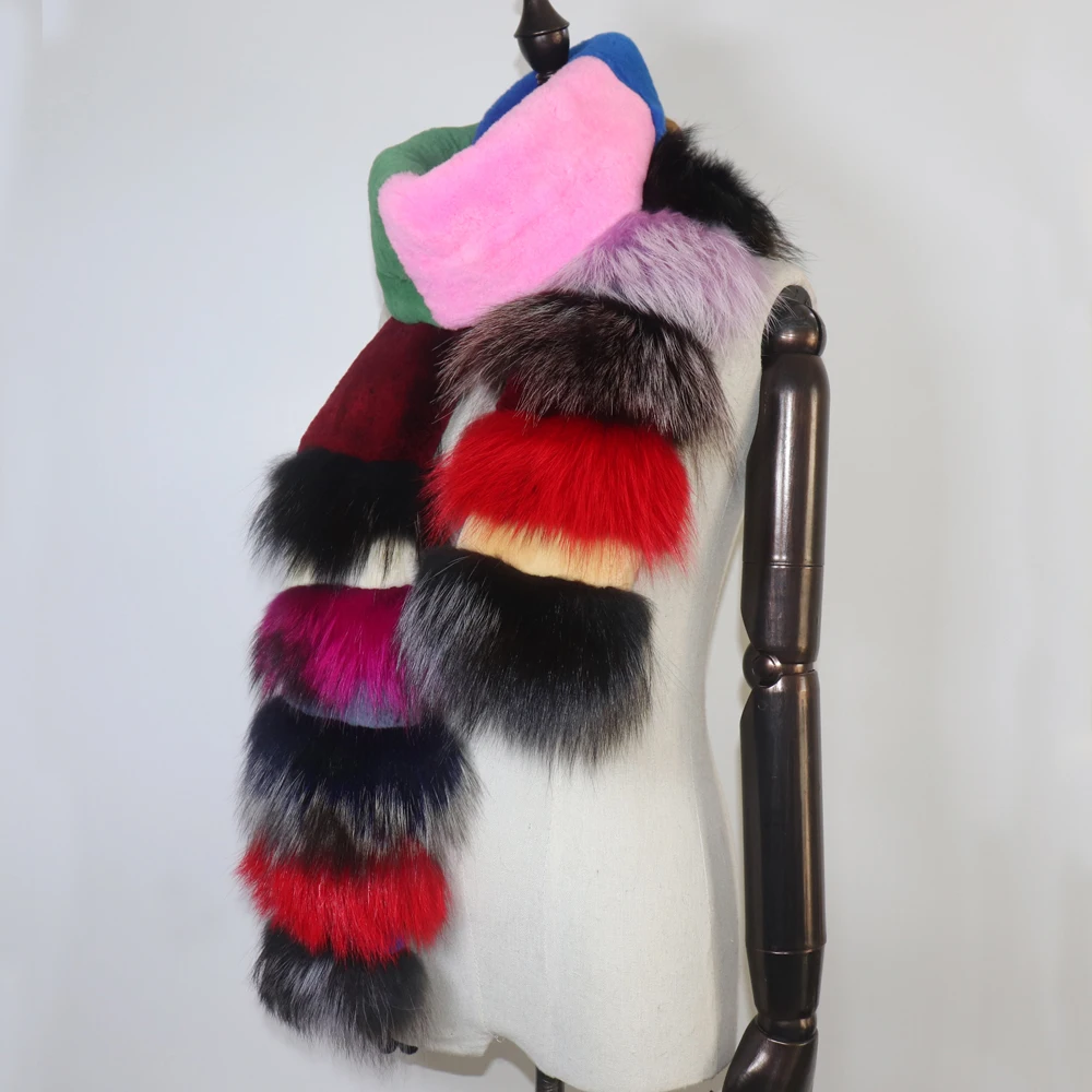 Neu eingetroffen: Modischer, farbenfroher Echtfellschal für Damen, natürlicher, warmer, langer Rex-Kaninchenfellschal, dicker Echtfuchs-Fellschal für Damen. – Detail 7