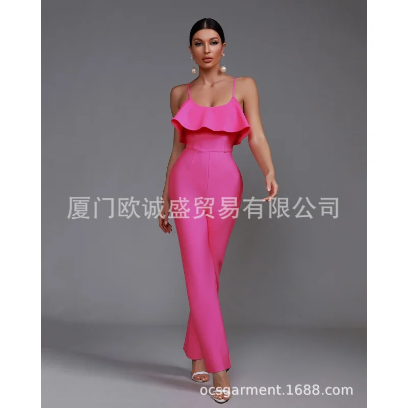 Fashion Spot Sling Ruffled Sexy off-the-Shoulder Slim Long Bandage Jumpsuit