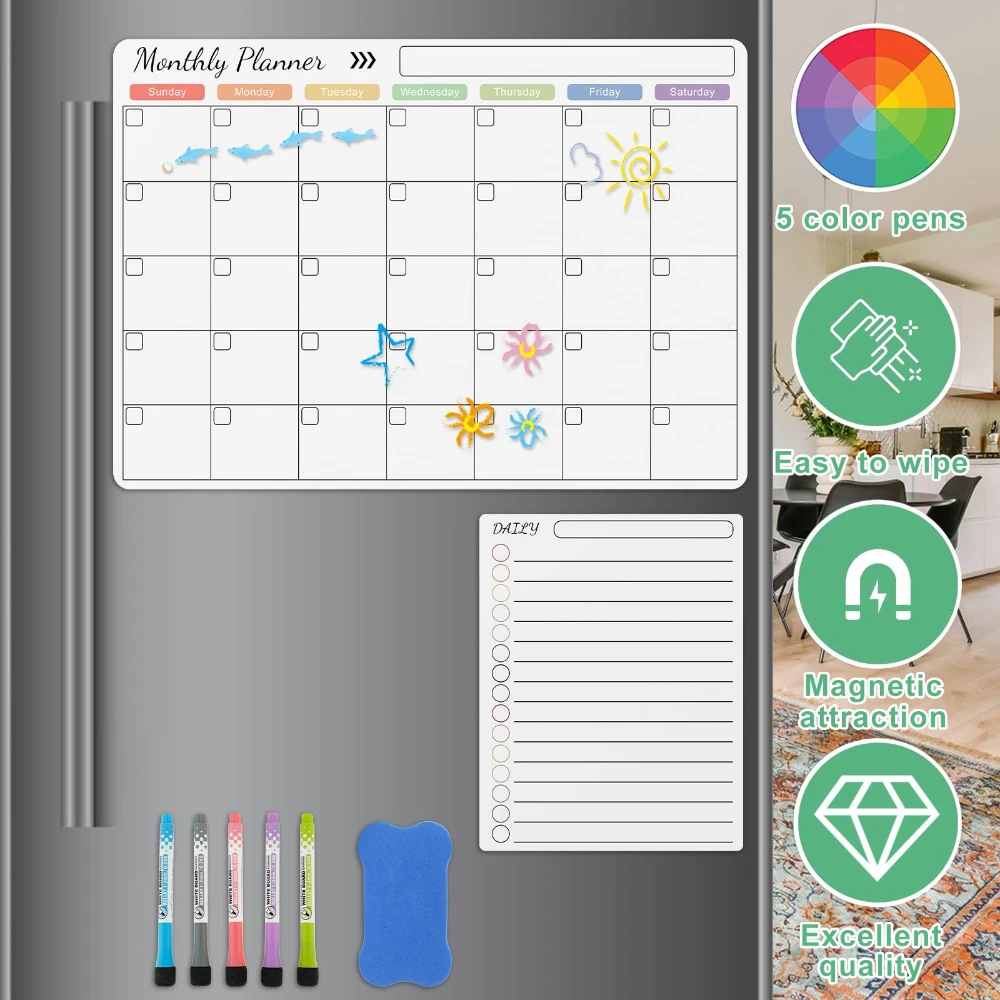 Dry Erase Weekly - Магнитный календарь для холодильника, ежемесячный и