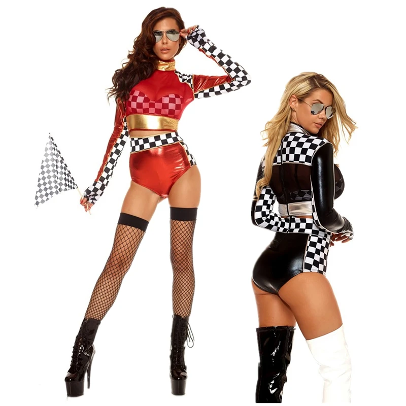 

Women's Sexy Super Racer Girl Costume Black Red Car Girl Cheerleaders Uniform Suit Halloween Party Fancy Driver Girls Outfit