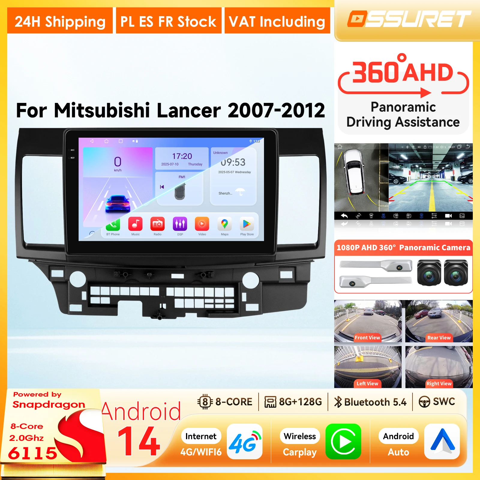 Autoradio Android per Mitsubishi Lancer 2007 - 2012, Carplay, Android Auto, lettore multimediale, WiFi, 2Din, telecamera 360, sistemi intelligenti