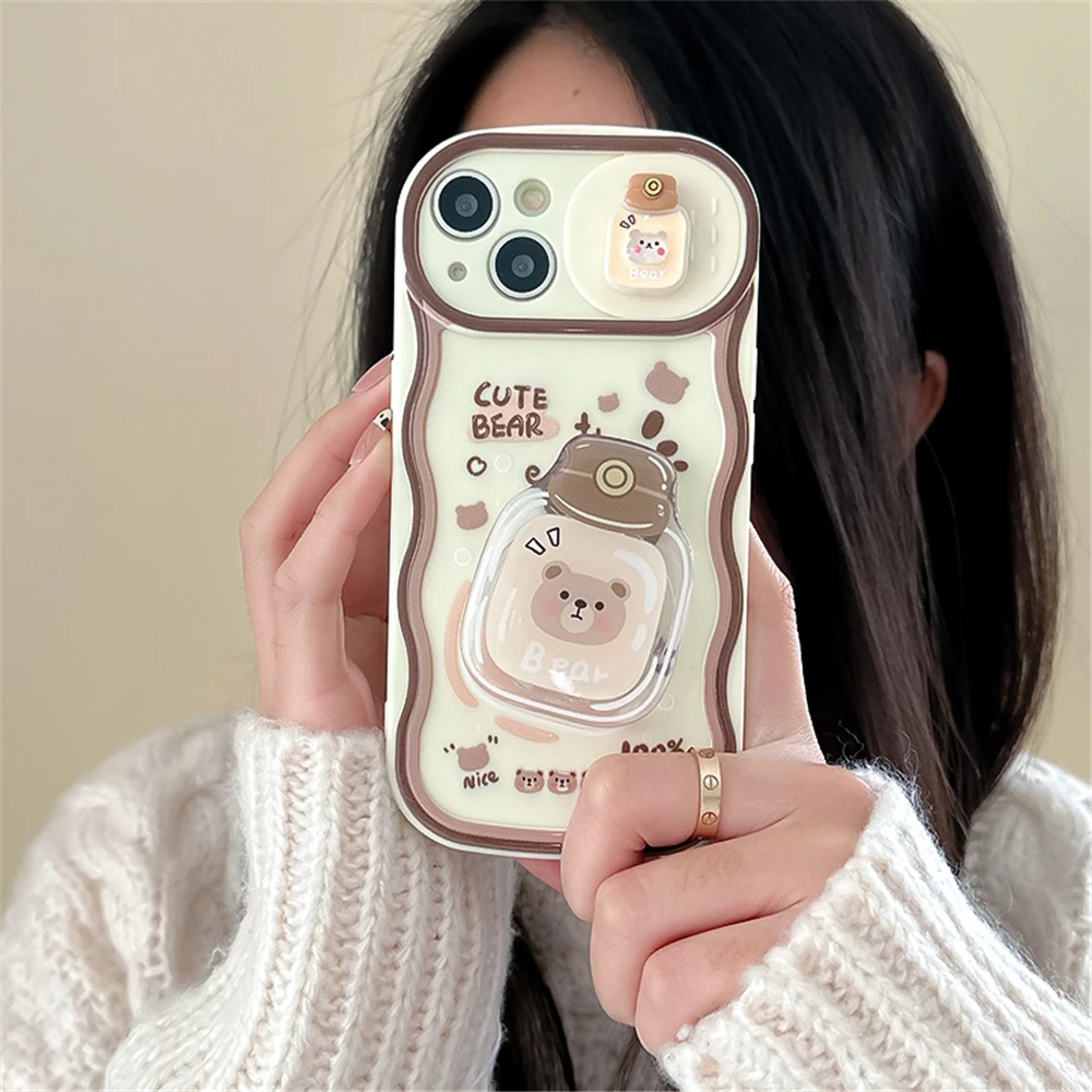 Korean 3D cute drink bear fries rabbit push-pull camera protection case for iPhone 14 Pro Max 11 12 13 Pro Max silicone cover