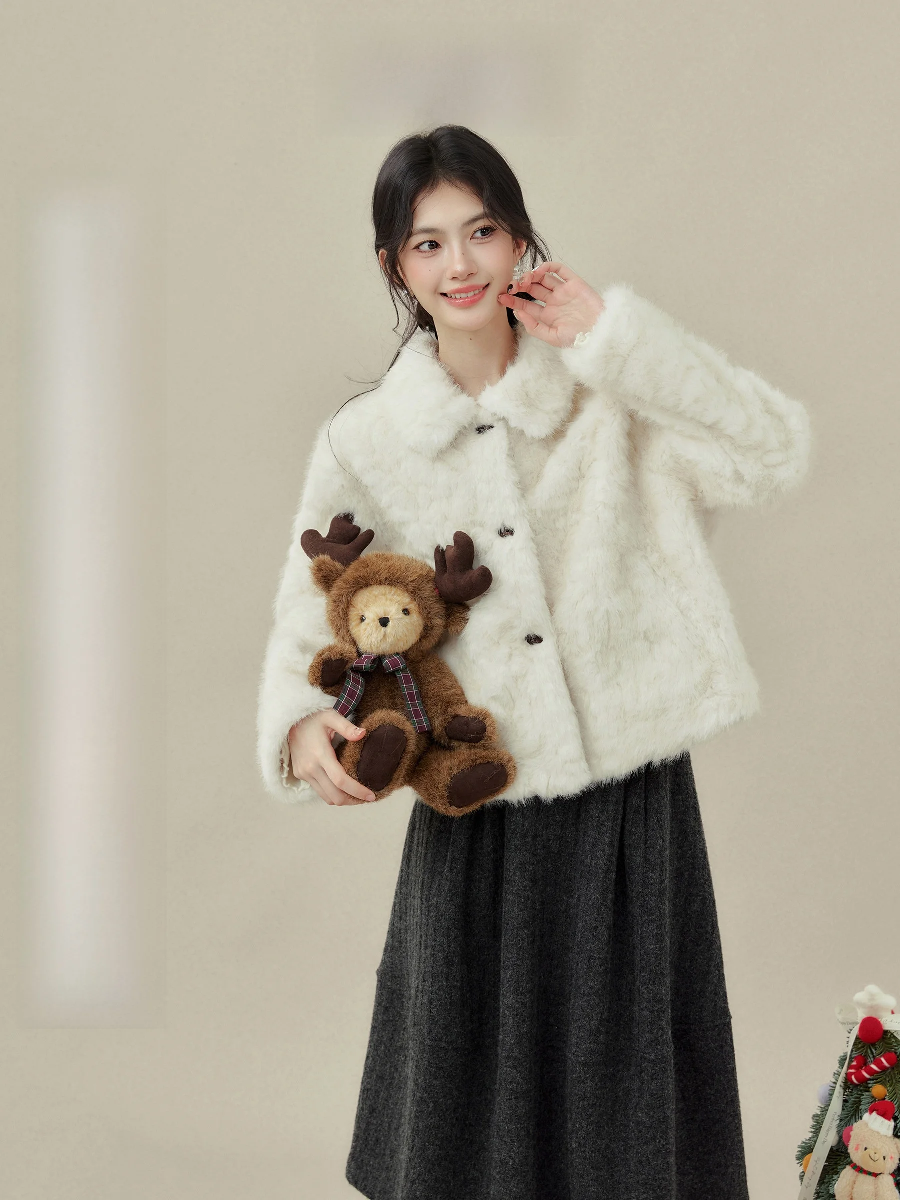 

Ele ort однотонное пальто из искусственного меха ягненка с воротником, женская теплая зимняя верхняя одежда, длинное пальто све на пуговицах