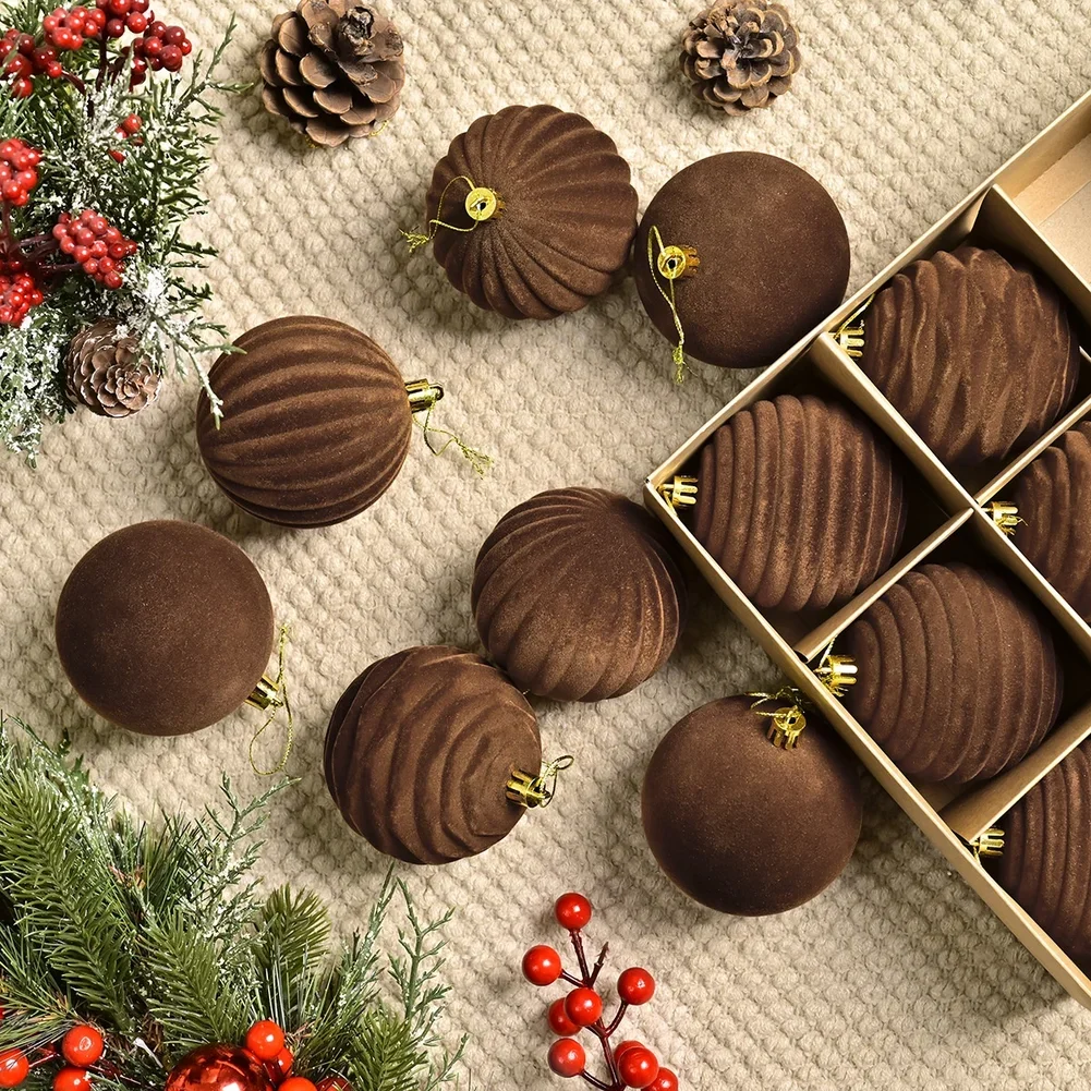 

Christmas Ornament Flocked 8cm Christmas Ball Ornaments Set Brown Velvet Present Box For Tree Decoration Christmas Pendant