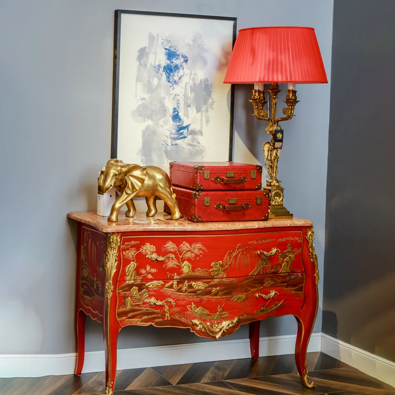 Lemari Kayu Dua Laci, Meja Samping Tempat Tidur, Finishing Tembaga Marmer Birch dan Kuningan