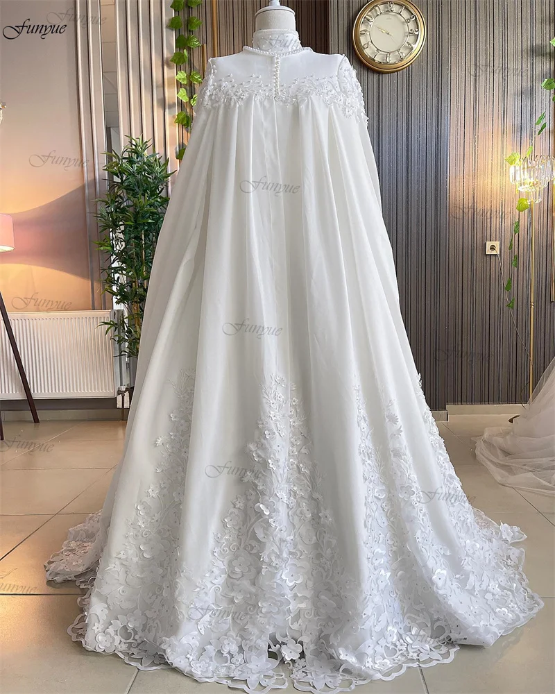 Vestidos de novia musulmanes de Dubái para mujeres embarazadas, vestido de novia árabe de gasa con cuello alto, flores y perlas, talla grande, línea A, 2023