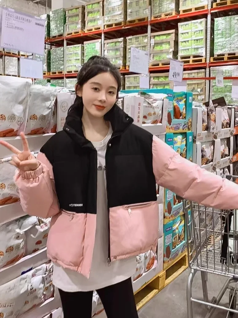 

Женская пуховая хлопковая куртка на осень-зиму, новая, свободного кроя, с цветными блоками, универсальная, модная, короткая, в корейском стиле, на молнии