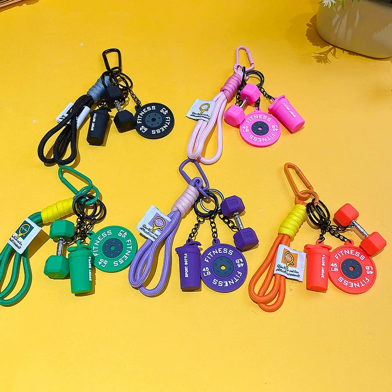 Fitness Series Detachable Barbell Plates Keychain with Simulation Dumbbells And Water Cup Keyring Creative Detachable Pendant