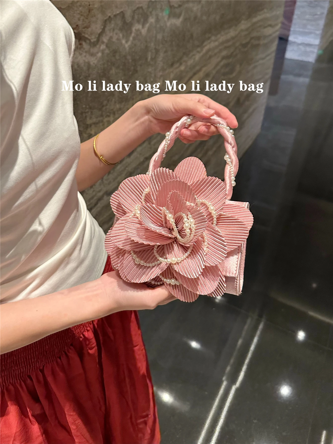 Retro Chinese Style Pearl Twist Flower Fairy Crossbody Women's Bag Rose 3D Pink Floral Handbag Fashionable Summer Bag