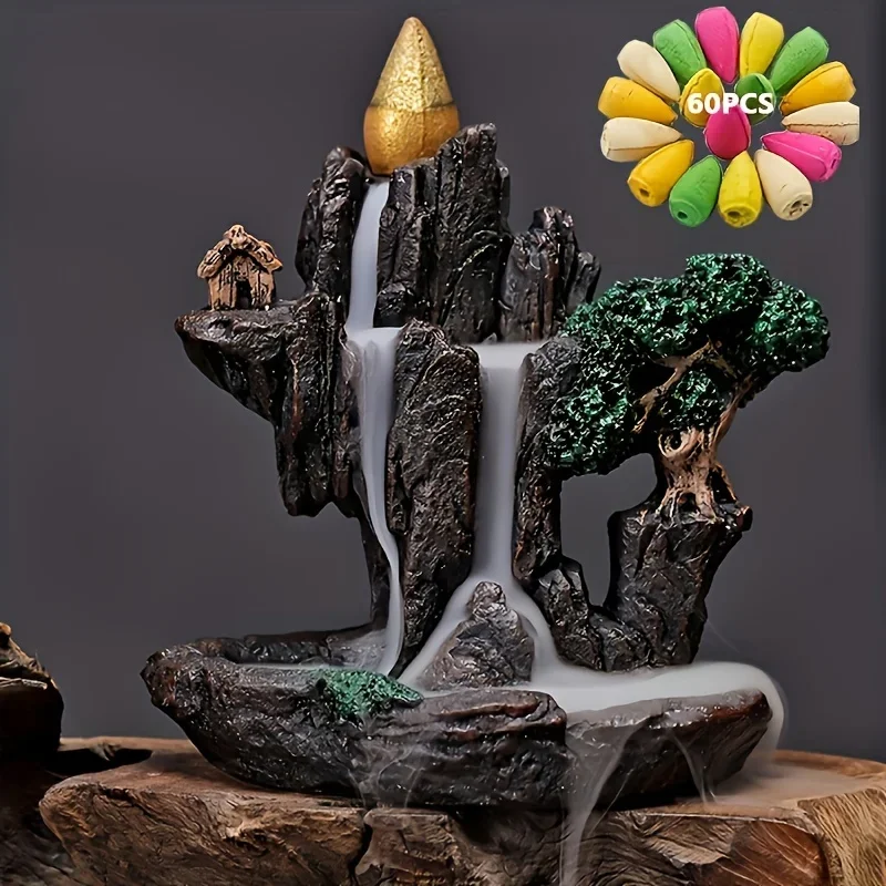 1pc Mountains River Waterfall Reflux Incense Burner Fountain Backflow Aroma Smoke Censer Holder Home Crafts +60 Incense Cones