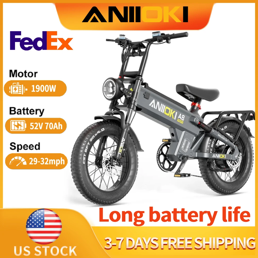 

ANIIOKI Electric Bike 1900W Peak Motor 52V 70Ah battery 51km/h Fat Tires 20"*4" multi-purpose Adult Electric Bicycle