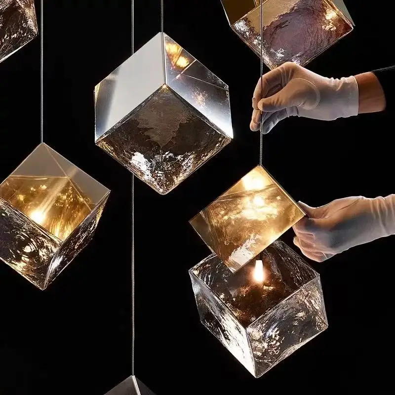 

Premium Designer Fishing Line Chandelier Gold Silver Handmade Glass Square Customizable Ceiling Luster LOFT