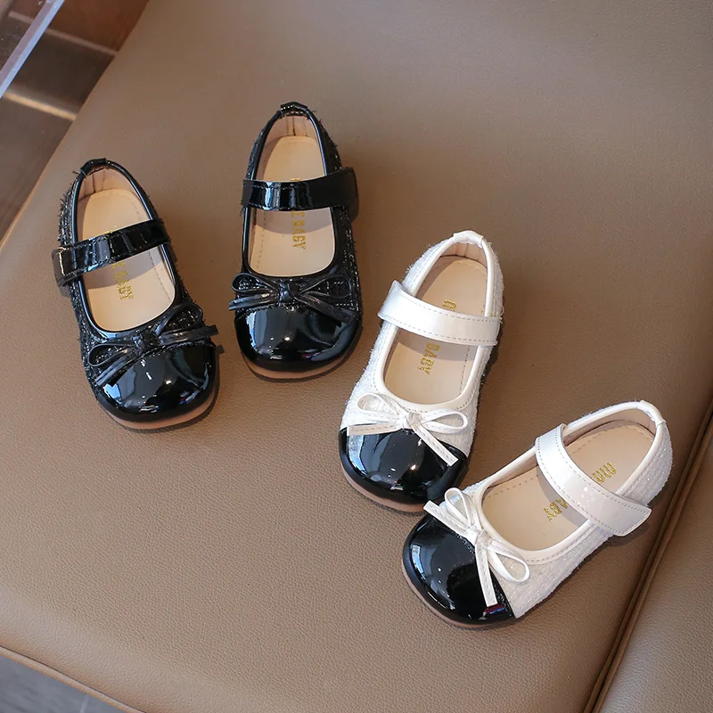 Girls Bow Leather Shoes 2026 Autumn New Kids Soft Sole Wedding Shoes Children's Flats Performance Shoes