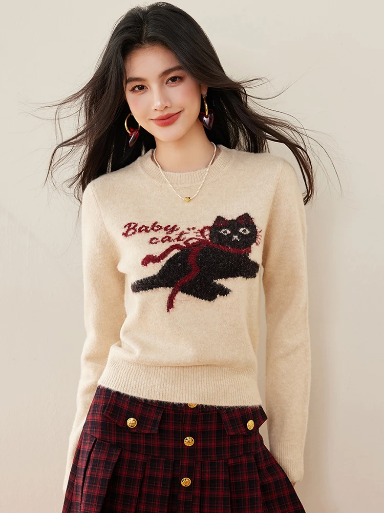 

Autumn New Fashion Retro Sweater Loose Round Neck Long Sleeved Pullover Top Women's Casual Knitted Sweater
