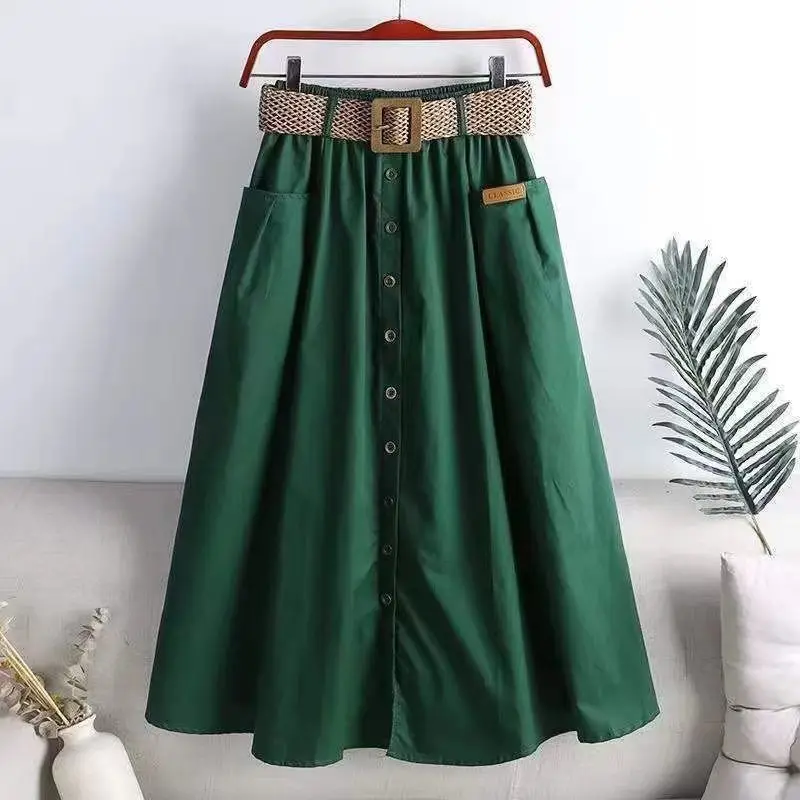 Women's High-Waisted Midi Skirt, Button-Front A-Line Skirt with Woven Belt & Pockets, Casual Flared Skirt for Spring & Summer