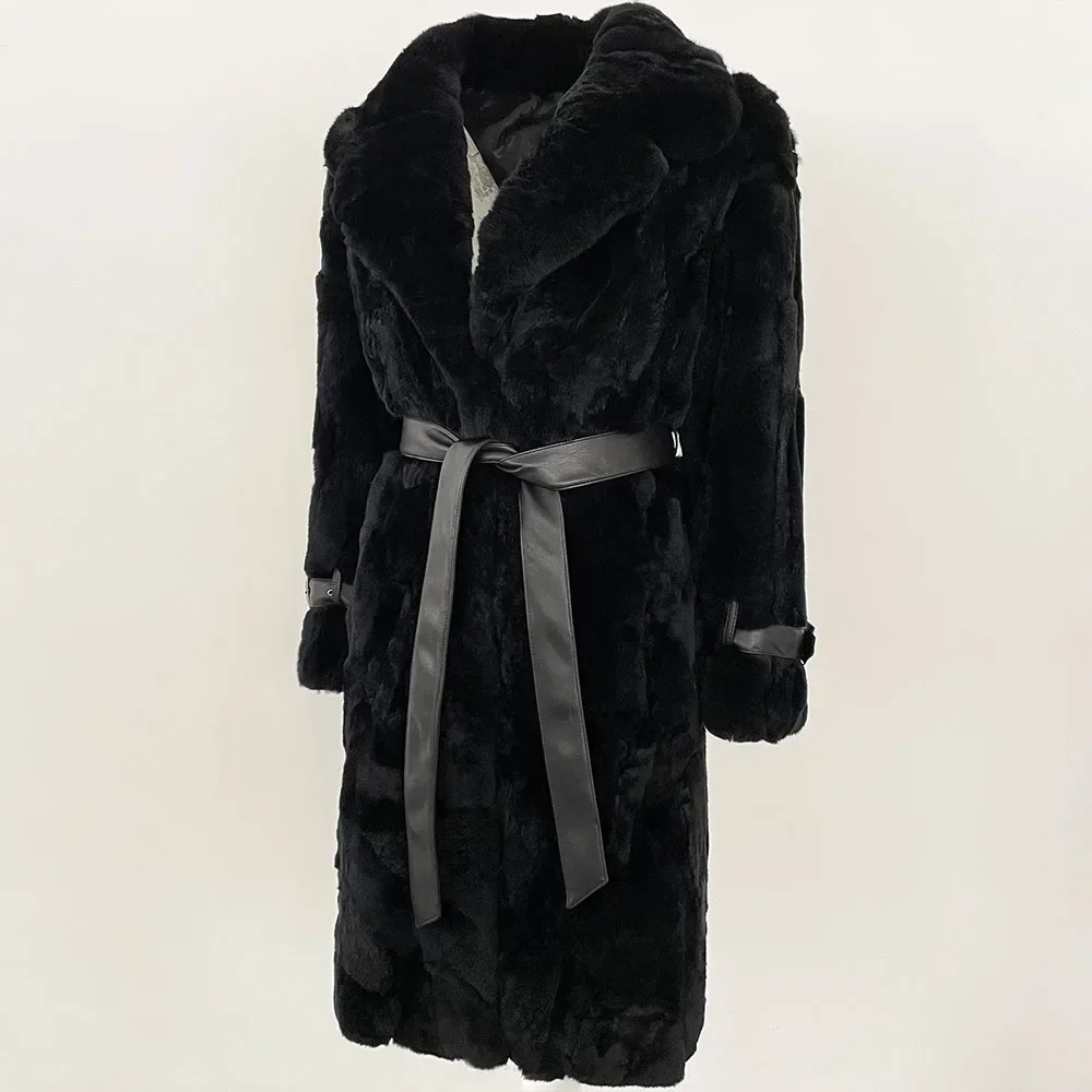 معطف فرو الأرنب الطبيعي موضة النساء 2025 جديد الخريف الشتاء حزام طويل ملابس غير رسمية بلون الإناث سترة فرو الأرنب الحقيقي #1