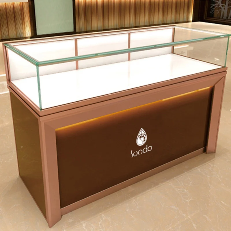 Custom, SUNDO Factory custom logo marble gold metal led light jewellery showcase jewelry shop glass display cabinet