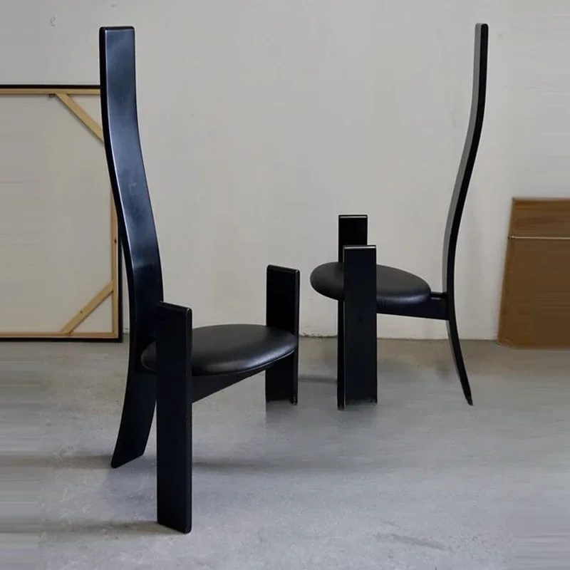 Medieval style high backrest black single chair, artistic solid wood simple dining chair Homestay comfortable decorative chair
