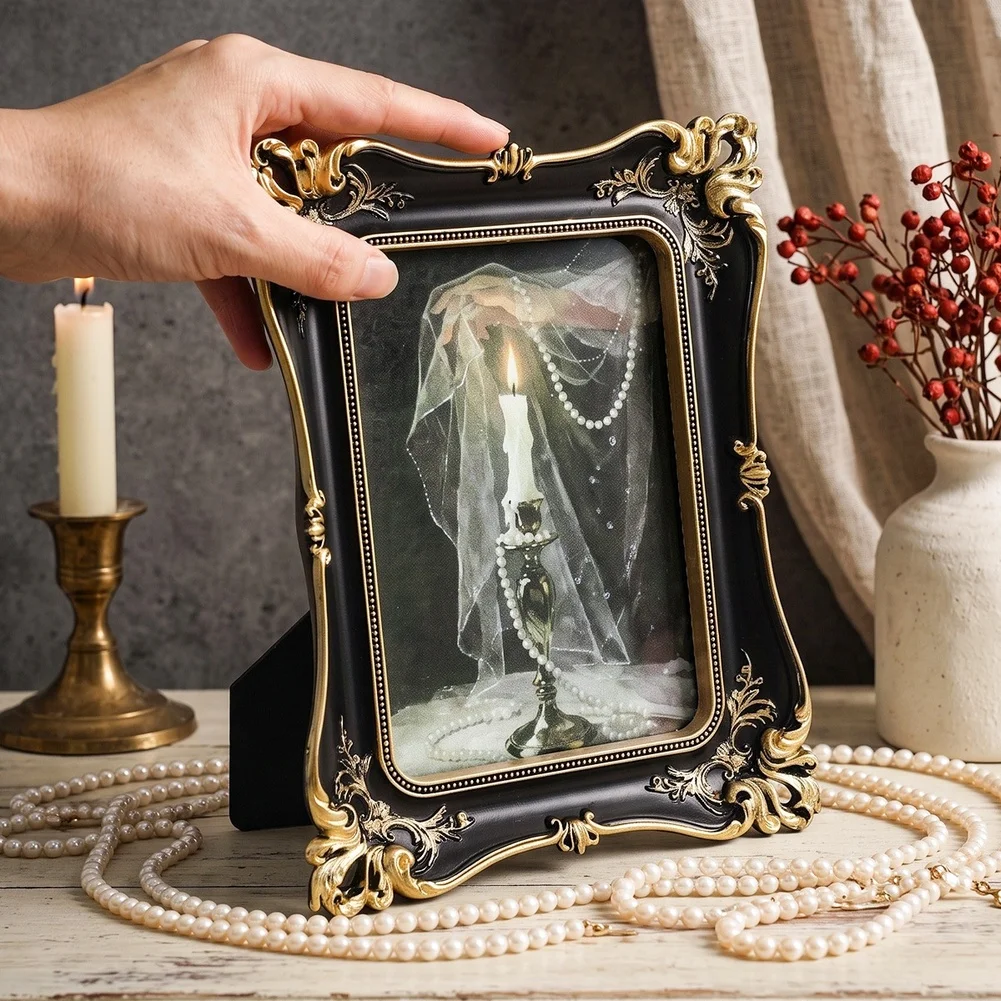Resin Picture Frame with Black Golden Finish and Detailed Baroque Carving for 7 Inch Photo Wall or Table Display
