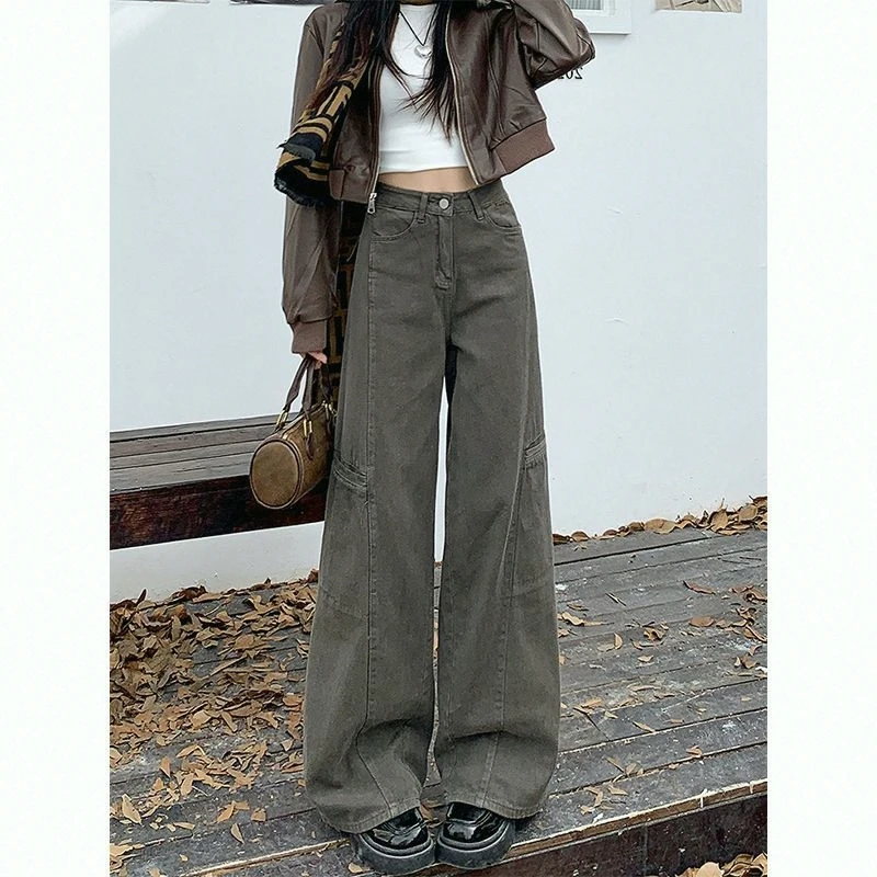 

Slimming Grey American Style Summer Casual New Long Pants Straight Leg Loose Wide Leg Jeans Workwear Women's Standard Fit