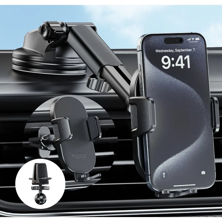 

Universal Dashboard and Windshield Car Phone Holder - 360° Rotatable Mount, 3-in-1 Vent/Dash/Windshield Clip for 4-7" Phones, i