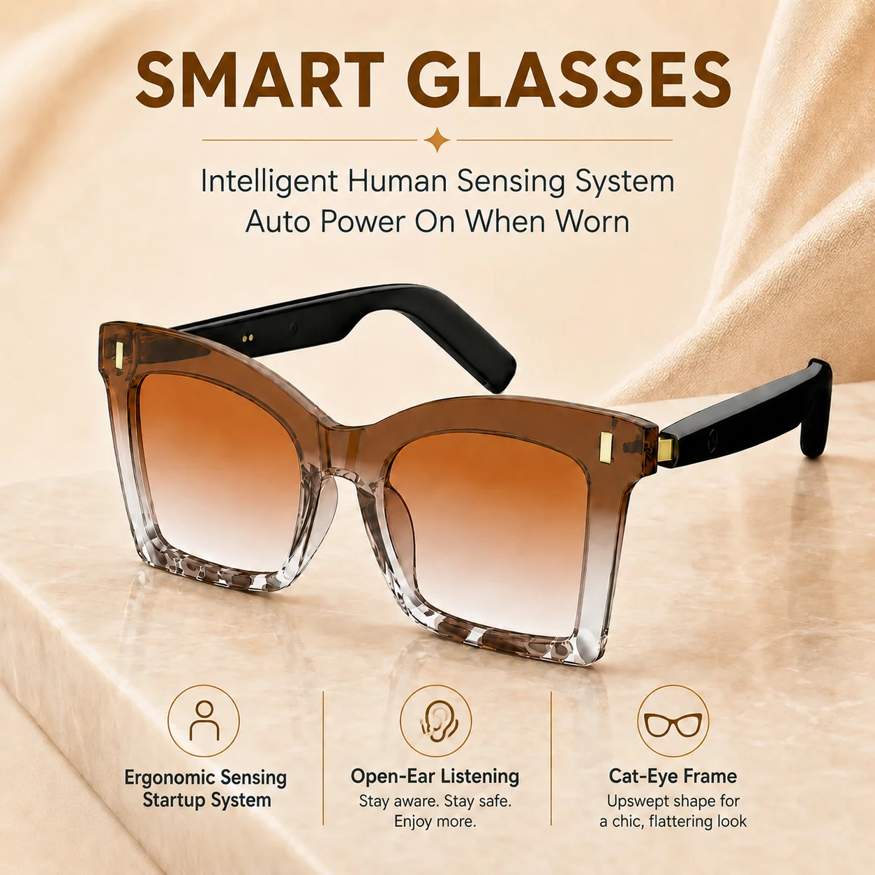 2026 New Women's Cat-Eye Smart Glasses, Bluetooth 6.0 Wireless Audio Glasses, Equipped with Smart Wearable Sensors;