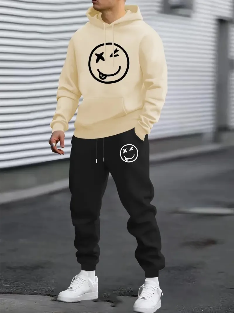 

The 2025 autumn new 3D smiling face printed comfortable fashionable and casual men's outdoor sports sweatshirt and sweatpants se