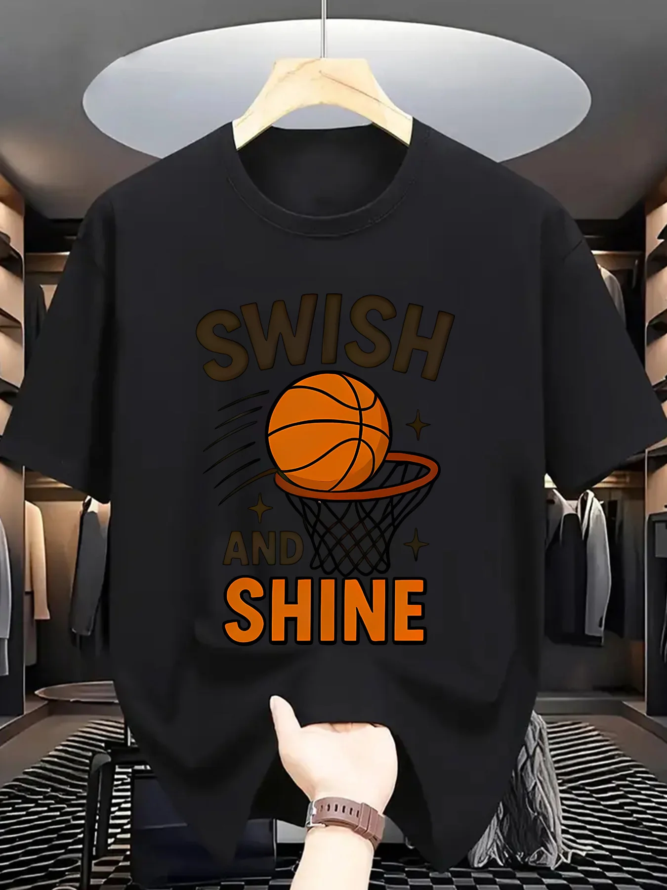 Sports Men Short Sleeve Tshirt Swish And Shine Basketball Net Ball Print O Neck Tee Basketball Lover Male Casual Fashion Tops