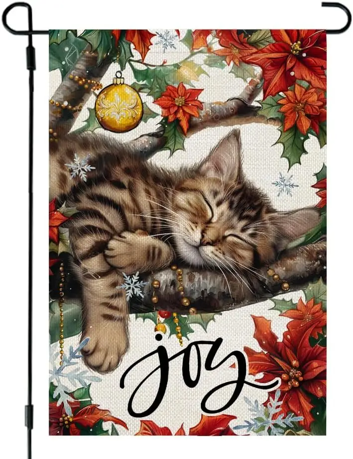 CROWNED BEAUTY Christmas Garden Flag 12x18 Inch Double Sided Small Burlap Holiday Sleepy Cat Yard Decoration for Outside