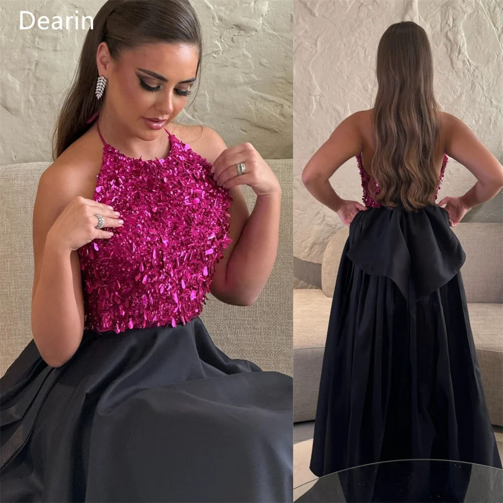 Customized Saudi Arabia Dearin Halter A-line Floor Length Skirts Draped Sequin Sleeveless Bespoke Occasion Dresses Formal Gown E