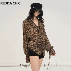 REDDACHiC Women's Leopard Chiffon Shirt Vintage Loose Ruffle V-neck Long Sleeves Bandage Thin Blouse Top Casual Grayu Clothes