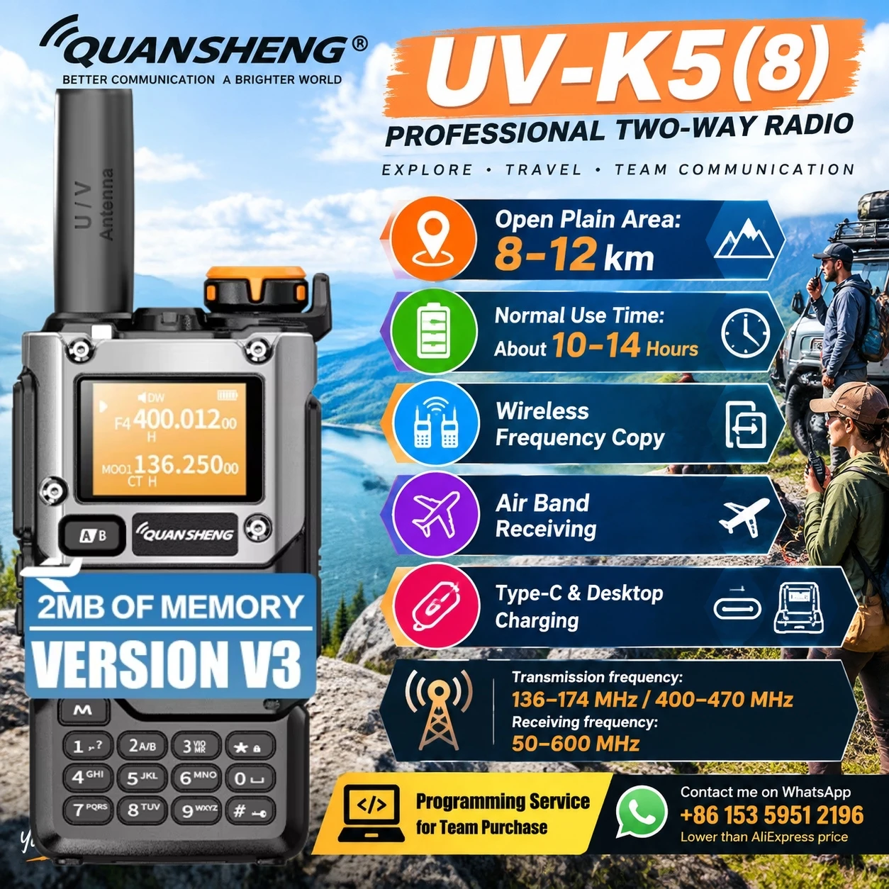 Quansheng Uv-K5(8) Walkie Talkie Air Vhf Uhf Ham Radio Two Way Radio Type-C Charger Outdoor Camping Hiking Communication