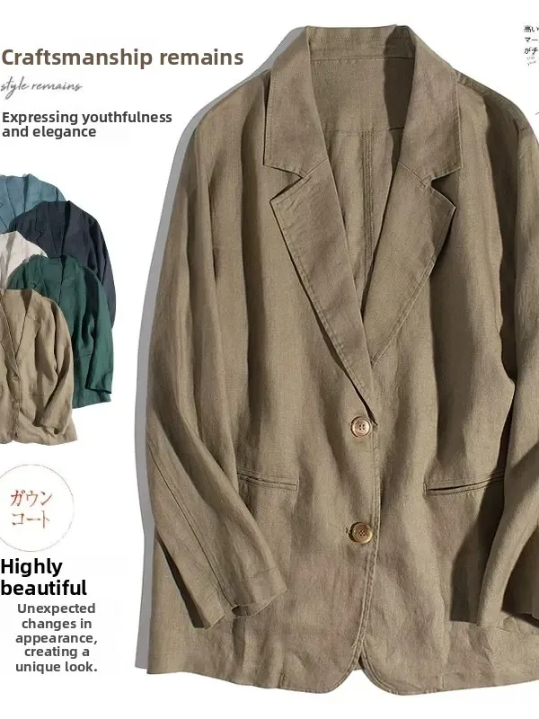 

Women's Casual Linen Suit Jacket Loose Fit Spring Autumn Cotton Linen Top Fashion Versatile Waist-Cinching Chinese Made