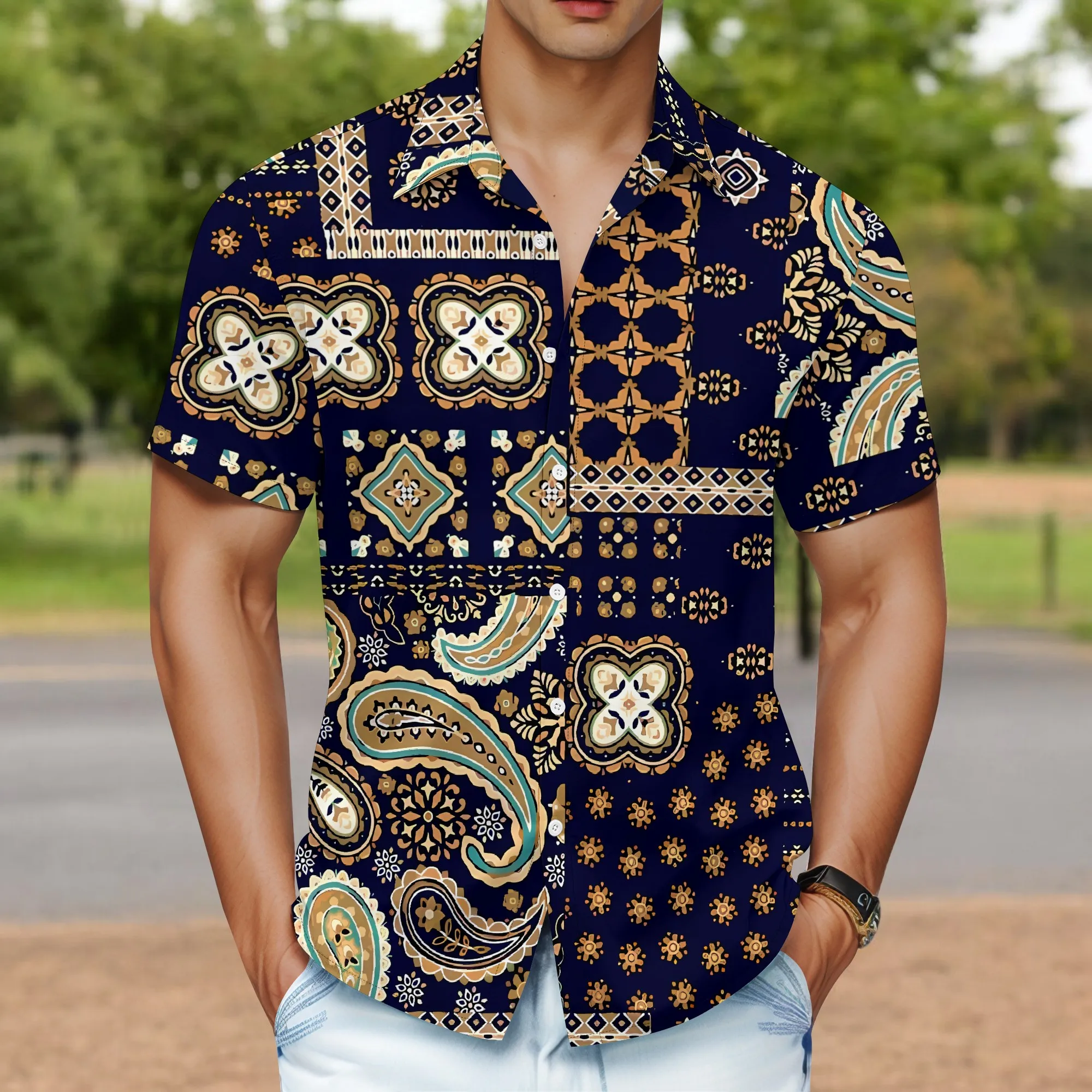

YEAE Patchwork Paisley Print Shirt for Men Summer Casual Short Sleeve Top