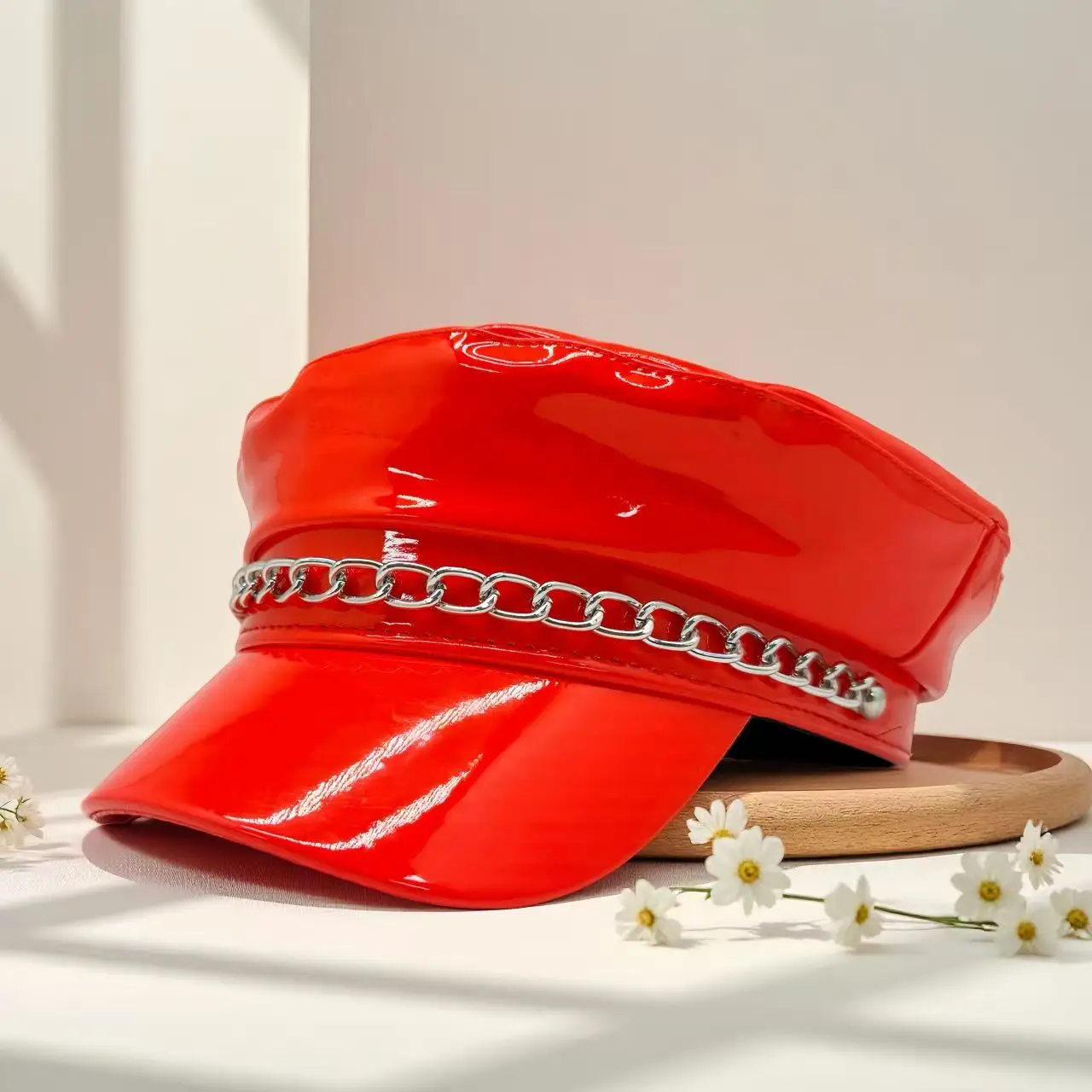 HongLuan Laser lederen kapiteinshoed Strass en militaire petten voor dames, Rave Festivals Accessoires & Feestpet Man Cosplay Fem