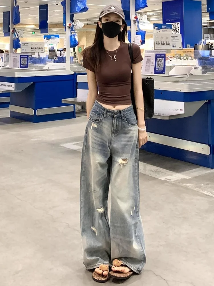 

Новые женские джинсы в американском ретро-стиле с широкими штанинами, рваные, больших размеров, с высокой талией, свободные, прямые, в пол