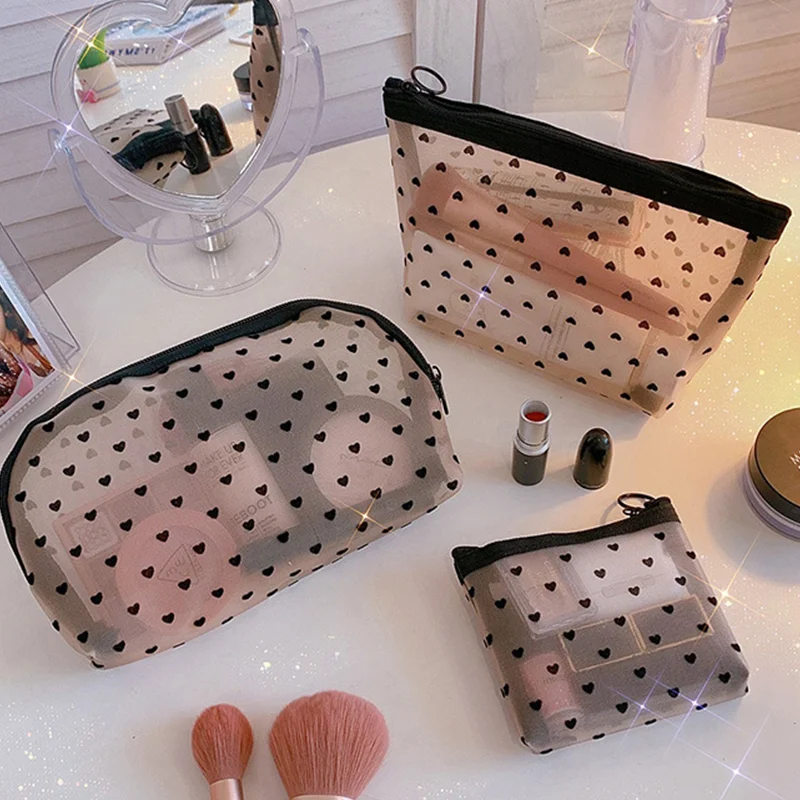 Mesh Cosmetic Makeup Bags Holder Transparent Black Zipper Heart Pencil Pen Case Wash Bag Storage Pouch Travel Convenient Carry