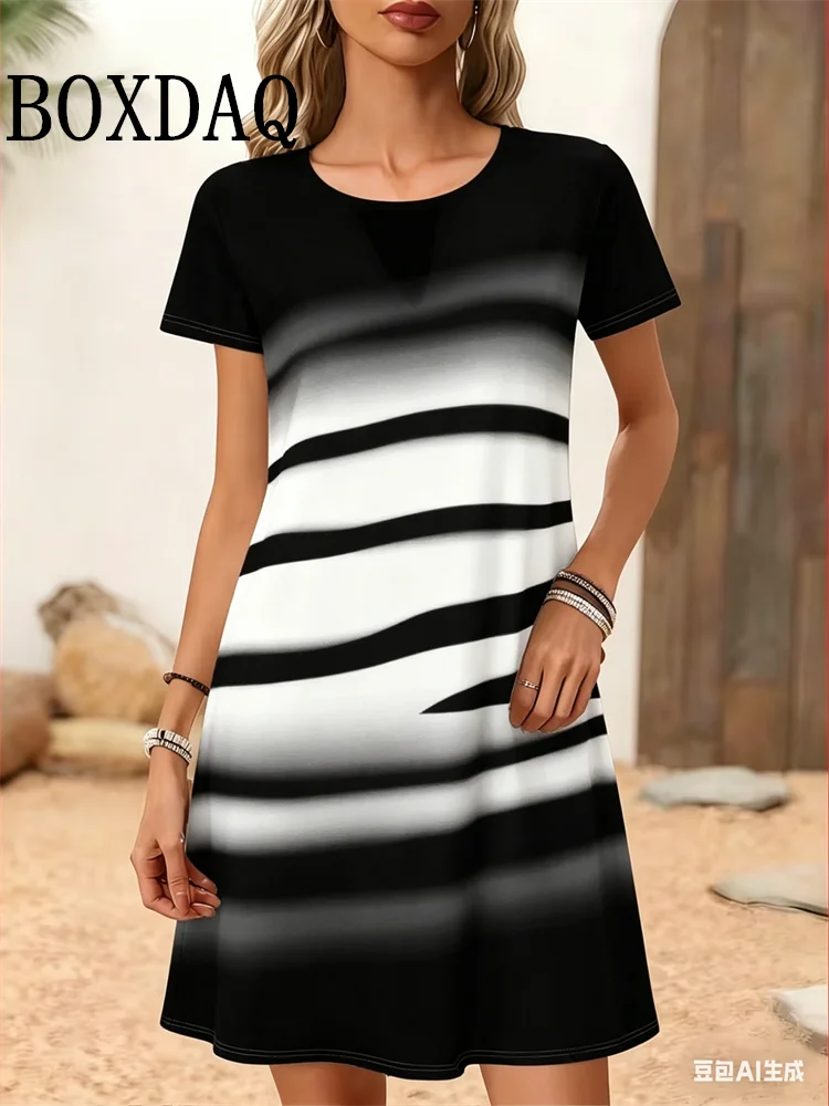 Fashion Black and White Art Abstract Pattern Dress Casual Loose 3D Print Short-Sleeve Dress Summer Woman 2026 New Women Clothing