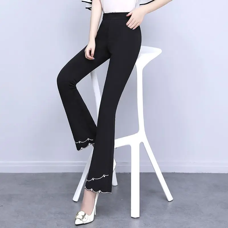 2023 Autumn Winter New Korean Edition Flare Pants Dropped High Waist Casual Pants Embroidered Slim Women\'s Crop Pants
