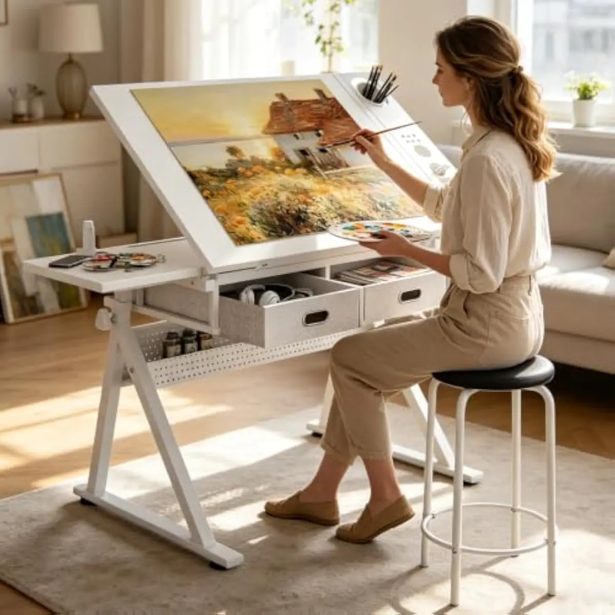 Adjustable Drafting Desk with Tilt Top 0°–75°, Height Range 26.77–35.82 Inches, Two Fabric Drawers, Matching Stool, Metal Frame,