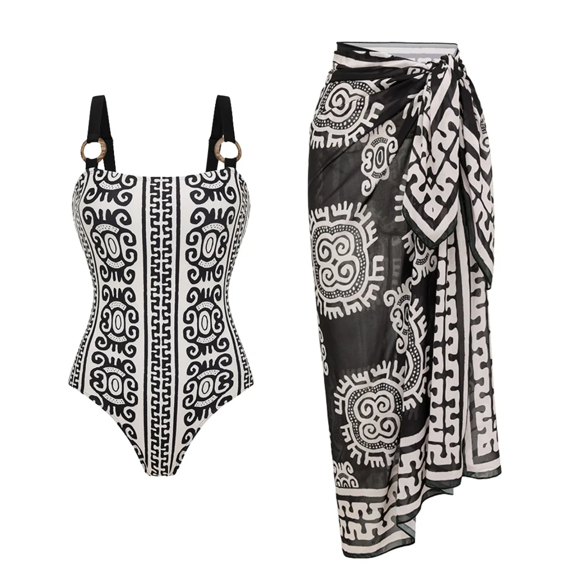 Women 2‑Piece Tribal Geometric Print One‑Piece Swimsuit Ring Detail Straps Wrap Sarong Skirt Cover‑Up Beach Resort Swimwear Set