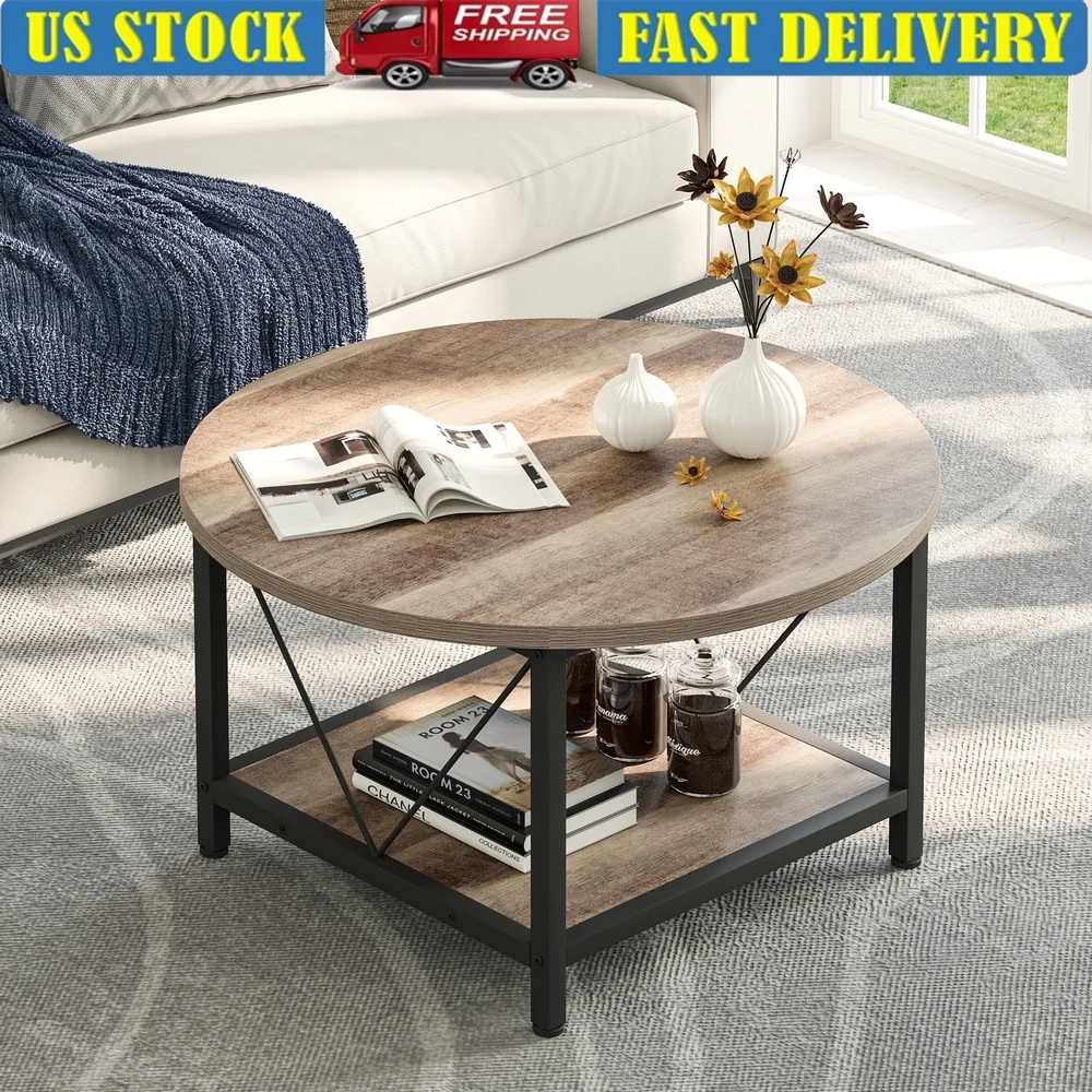 

Rustic Round Coffee Table with Storage Sturdy Metal Legs Elegant Design Lightweight Portable Living Room Furniture Easy Assembly