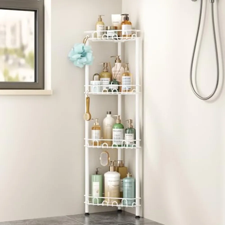 

Standing Shower Caddy Corner - 4‑Tier Stainless Steel Shower Organizer Shelf with 16 Hooks and Adhesive Pads, Rustproof Corner