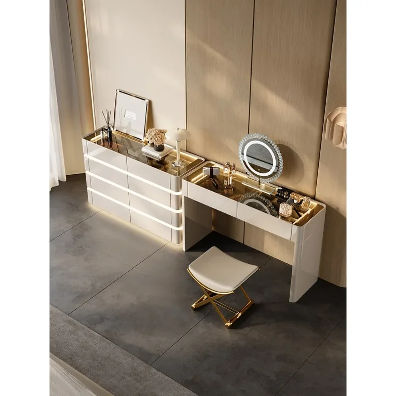 Italian light luxury solid wood glass dresser eight-bucket cabinet combination bedroom modern bedside storage jewelry