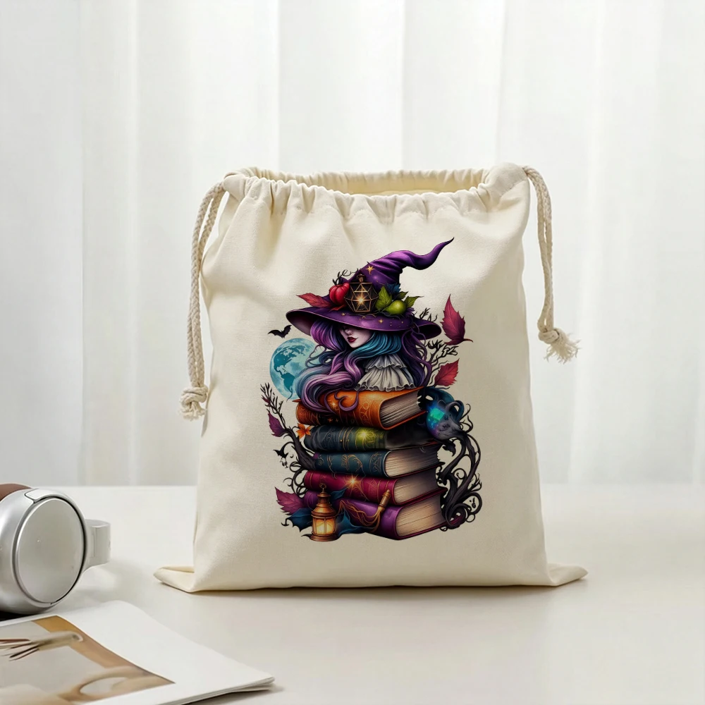 Personalized Witches Stack Books Drawstring Bags Custom Name Magic Spooky Halloween Reading Storage Gifts Pouches for Women Girl