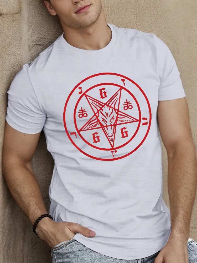 Men's Occult  -  with Red Pentagram - Heavyweight Crinkle Texture - 100% cotton  O-neck short sleeve O-neck printed T-shirt.