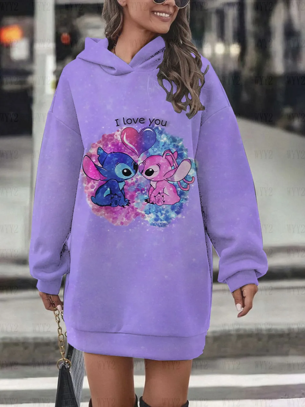 

Spring and autumn women's Stitch Disney street sweatshirt printed hooded skirt long-sleeved women's new sweater casual pullover